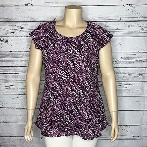 Dressbarn Woman NWT Size 1X Purple & White Polka Dot Tiered Ruffle Blouse Top